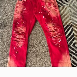 L&B Men's Red Skinny Jeans with Paint Splatter